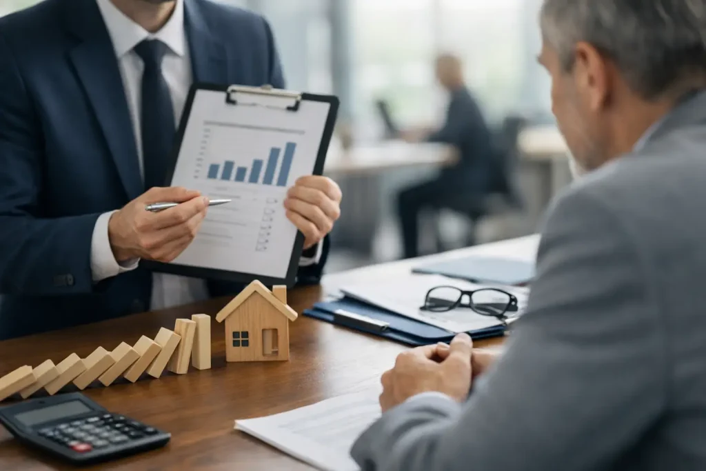 Business meeting reviewing debtor credit risk and financial exposure for insolvency insurance