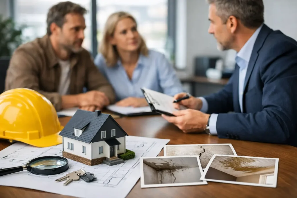 Property development meeting reviewing latent defects insurance and construction risk for new build