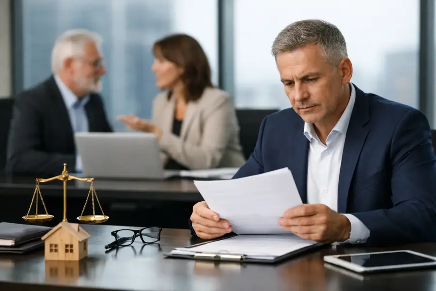 Director reviewing liability insurance paperwork at an office desk