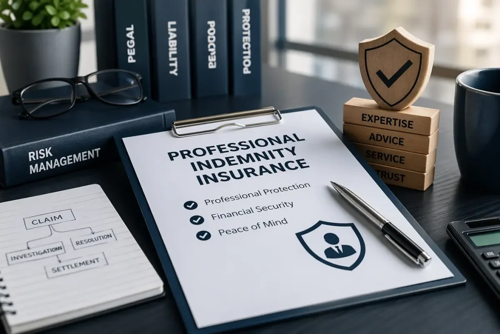 Professional indemnity insurance policy document showing cover for legal defence and financial protection