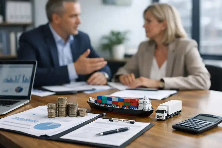 Business meeting about trade credit insurance with shipping and transport models on the desk