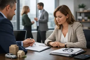 Businesswoman meeting with an adviser at a desk during a commercial insurance consultation