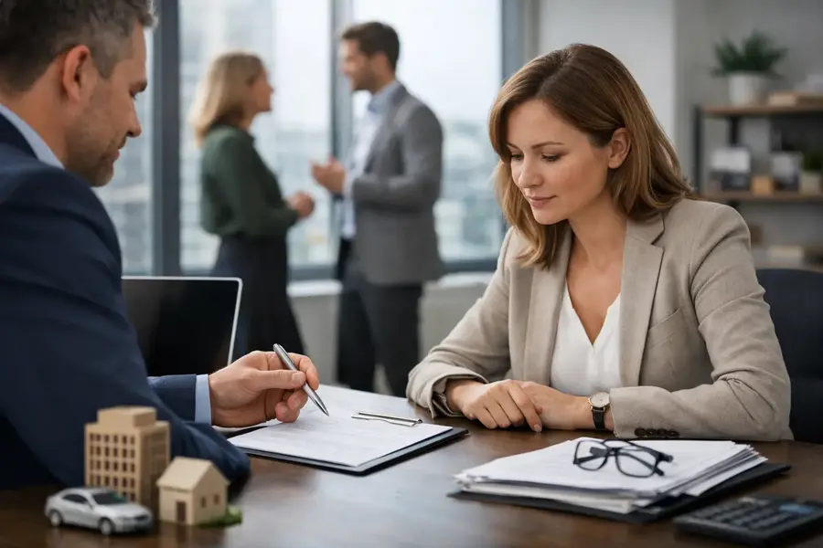 Businesswoman meeting with an adviser at a desk during a commercial insurance consultation