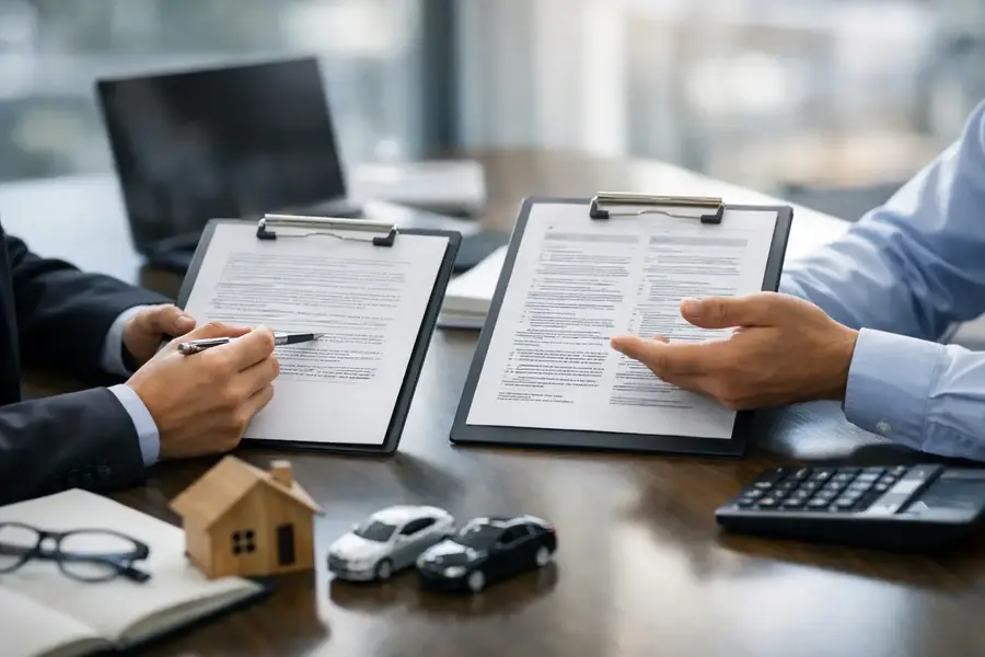 Two people comparing business insurance documents at a desk with a calculator, house model and car models