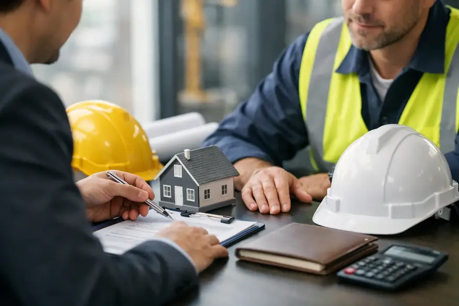 Insurance adviser meeting with a construction contractor over documents and house model