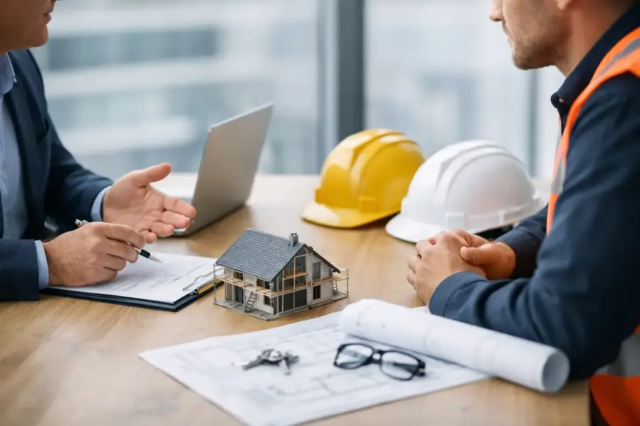 Insurance adviser meeting a contractor about construction project cover at a desk with hard hats and a house model