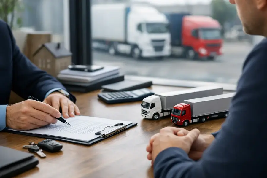 Insurance adviser meeting a haulage client at a desk with model lorries and trucks visible outside