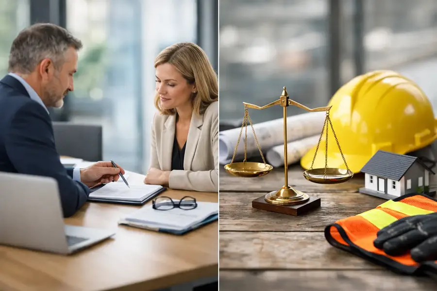 Comparing a professional consultation with construction and liability risk symbols