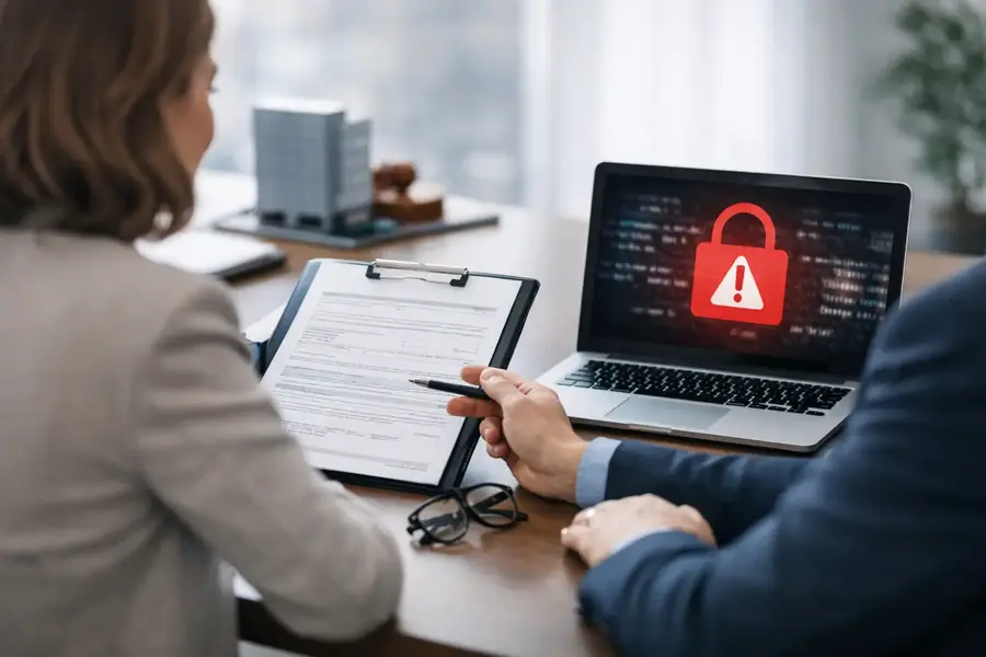 Business meeting about cyber insurance with a laptop showing a ransomware warning symbol