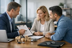 Insurance adviser meeting with a couple to discuss commercial insurance cover for an SME
