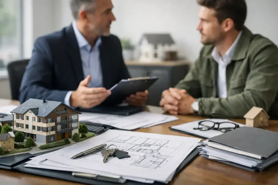 Developer meeting with an adviser to discuss structural warranty plans for a residential project