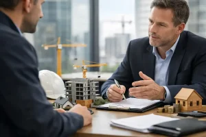 Property developer meeting with an adviser to discuss construction insurance, risk and project planning
