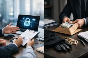 Comparison image showing a cyber insurance discussion beside a crime-related loss scene with cash, jewellery and a balaclava
