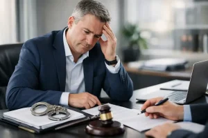 Worried businessman reviewing legal documents beside handcuffs and a gavel during a consultation about personal liability