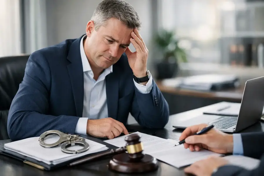 Worried businessman reviewing legal documents beside handcuffs and a gavel during a consultation about personal liability