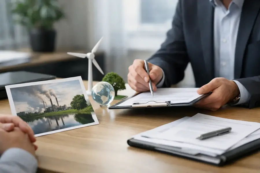 Business adviser discussing environmental risk cover with documents, a pollution image and sustainability models on the desk