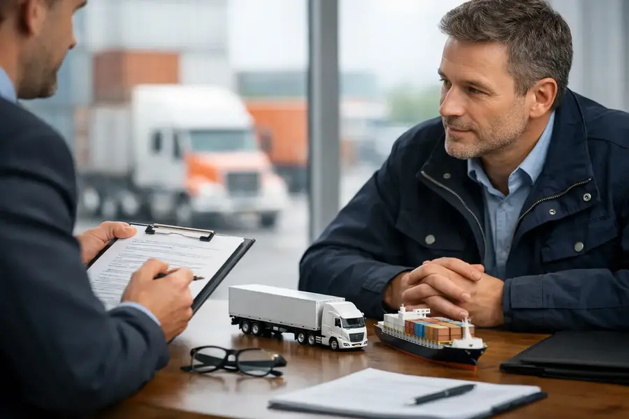 Logistics business owner discussing haulage, freight and transport insurance requirements with an adviser.