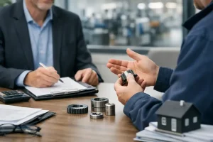 Business owner discussing metal components with an adviser during a manufacturing insurance consultation