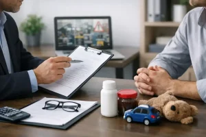 Business owner discussing product recall insurance and risk management with an insurance adviser.