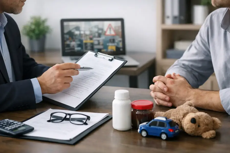 Business owner discussing product recall insurance and risk management with an insurance adviser.