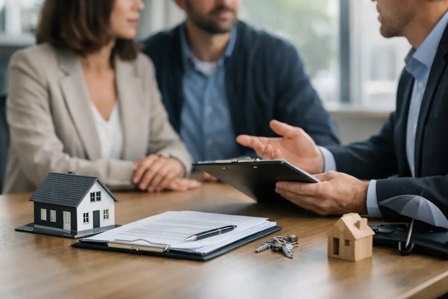 Adviser discussing property management insurance cover with a couple at a table with paperwork, keys and model houses