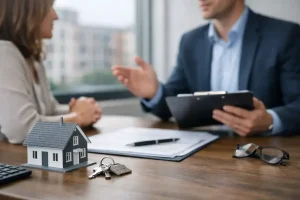 Woman meeting with an adviser at a desk with a model house and keys during a property owners insurance consultation