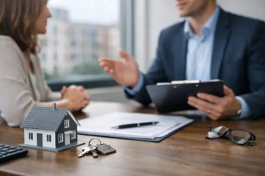 Woman meeting with an adviser at a desk with a model house and keys during a property owners insurance consultation