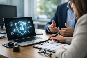 Business adviser discussing cyber risk reduction with a client beside a laptop showing a digital security shield and padlock
