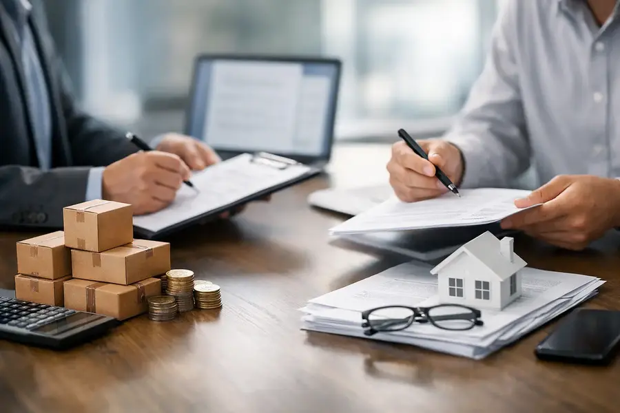 Business professionals discussing trade credit insurance and invoice finance with commercial paperwork and parcel deliveries