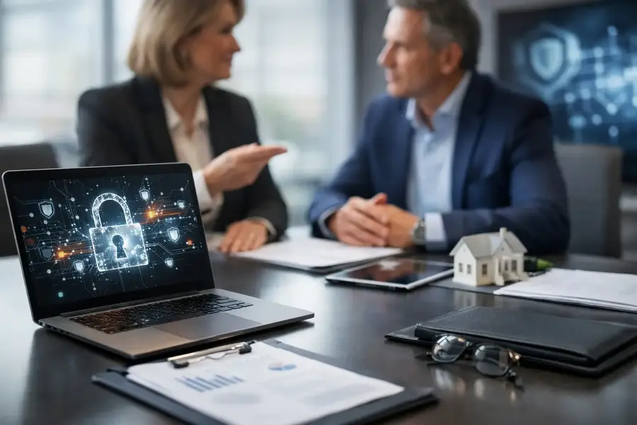 Insurance advisers discussing cyber insurance with a business client while reviewing digital security and cyber risk protection