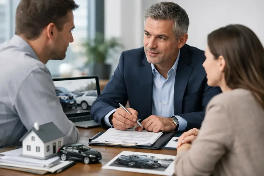Insurance adviser discussing complex insurance claims with clients while reviewing documents relating to home and motor insurance