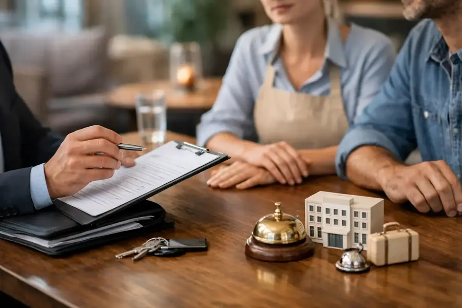 Hospitality business owners discussing insurance cover with an insurance adviser