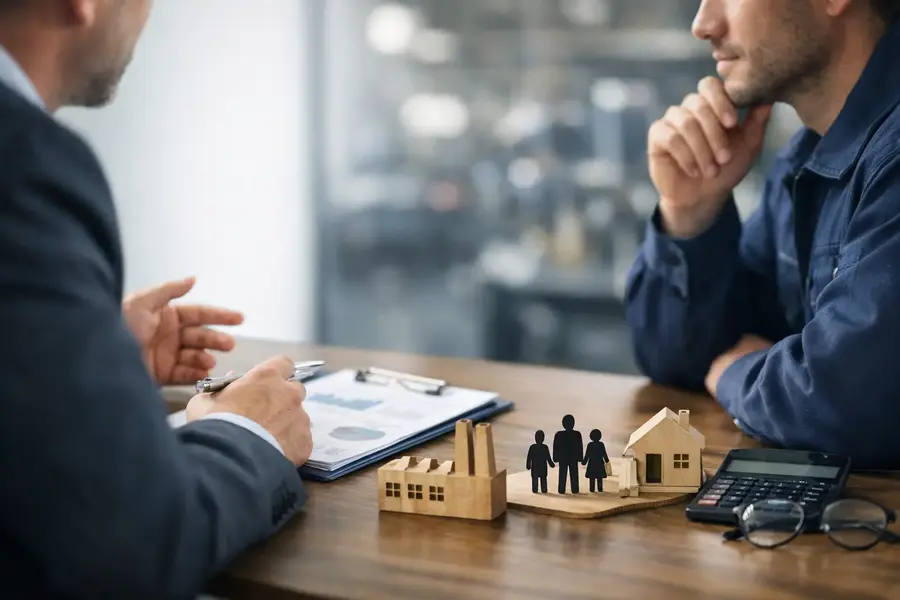 Insurance adviser discussing manufacturing insurance with a business owner using factory and property models during a commercial risk assessment
