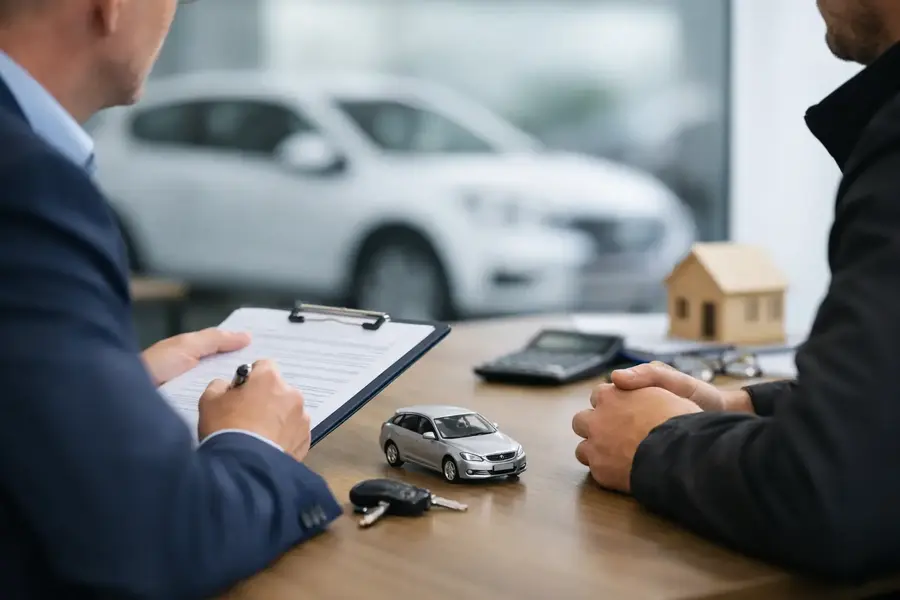 Motor trader discussing insurance cover with an adviser at a dealership office