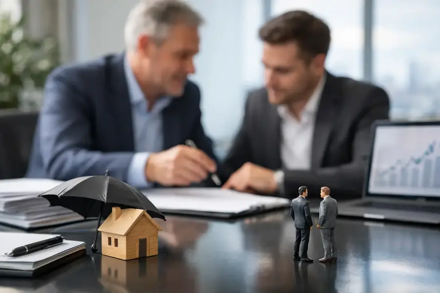 Business advisers discussing warranty insurance for a company acquisition with documents and financial reports on a meeting table