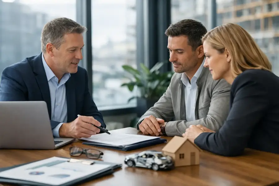 Business owners discussing an insurance claim with a commercial insurance adviser