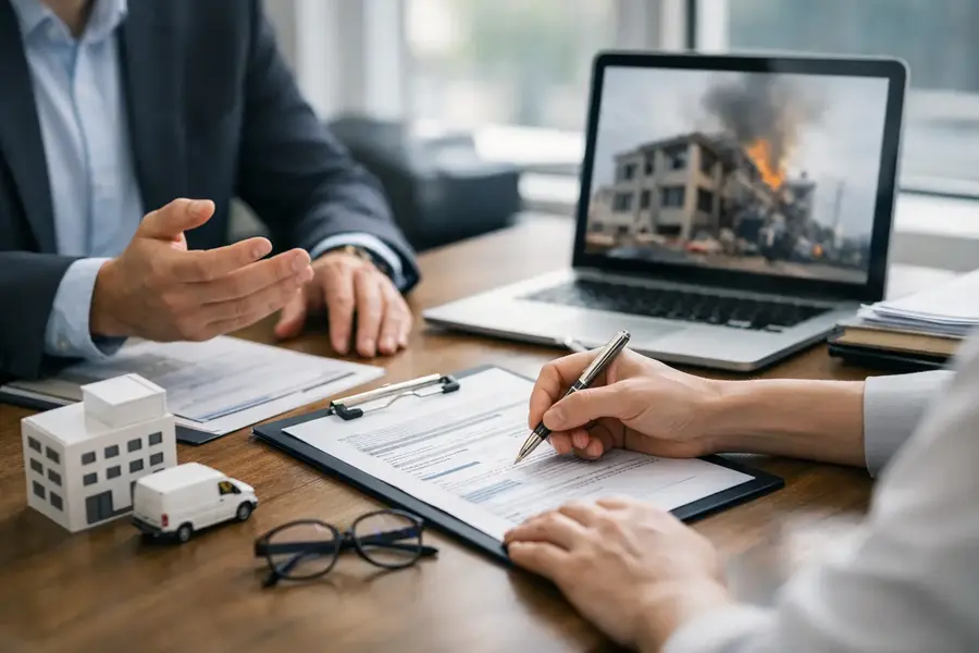 Business owner reviewing a commercial insurance claim following property damage