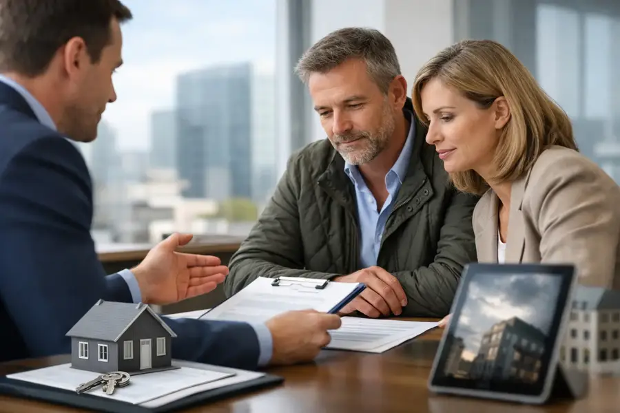 Property owners discussing an insurance claim with their insurance adviser