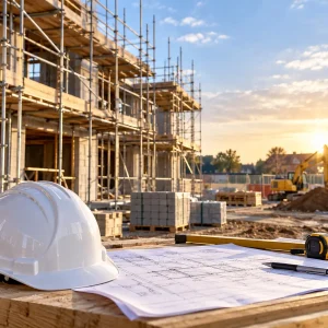 Construction site with scaffolding, plans and safety equipment