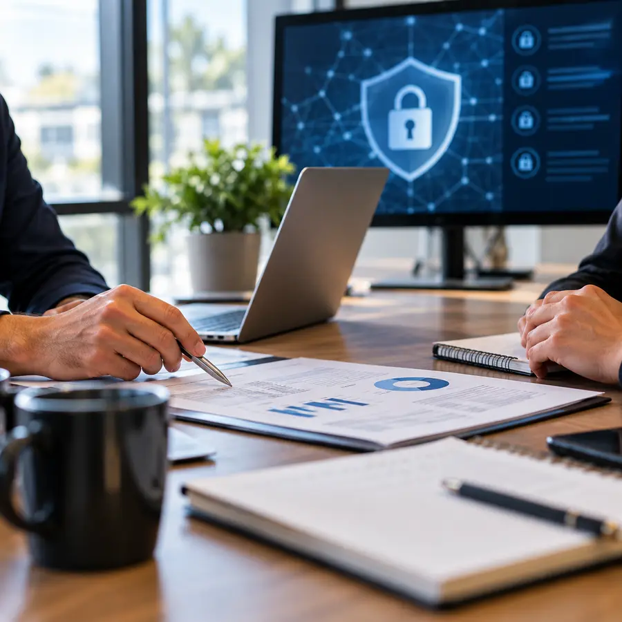 Business team reviewing cyber insurance policy and security risks
