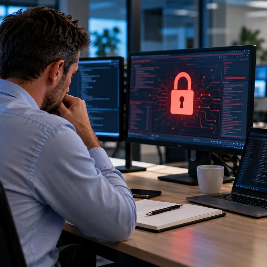 IT professional reviewing a cybersecurity threat alert on computer screens