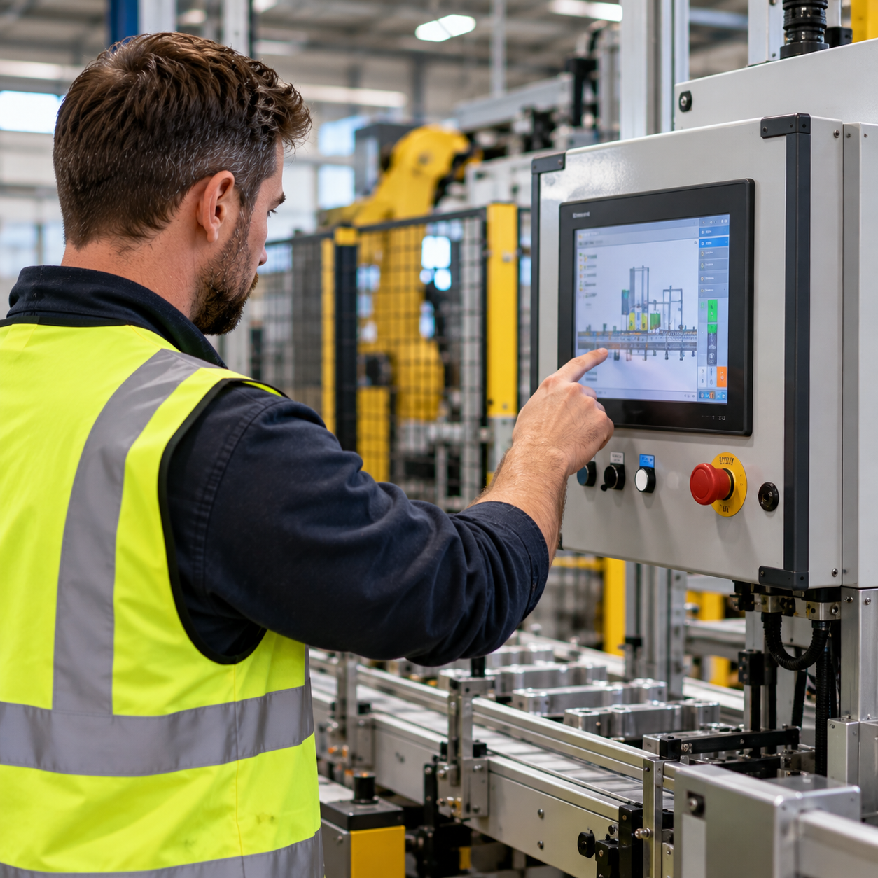 Engineer operating an industrial machinery control panel in a factory