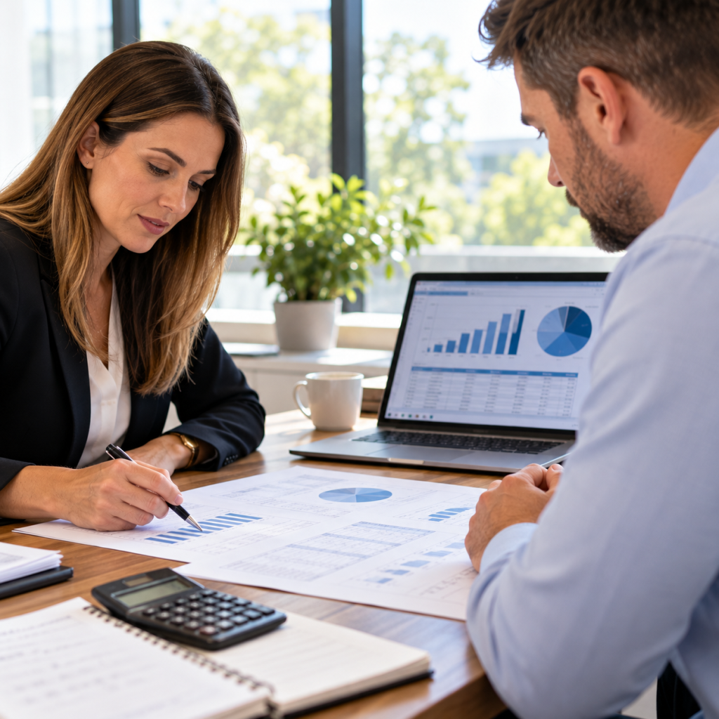 Two business professionals reviewing financial reports and performance data