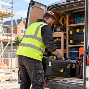 Construction worker organising tools and equipment inside work van