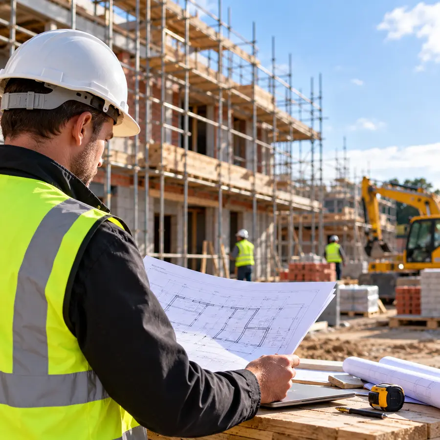 Construction professional reviewing building plans on an active site