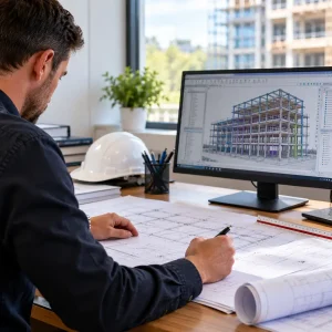 Engineer reviewing structural building plans and digital design model
