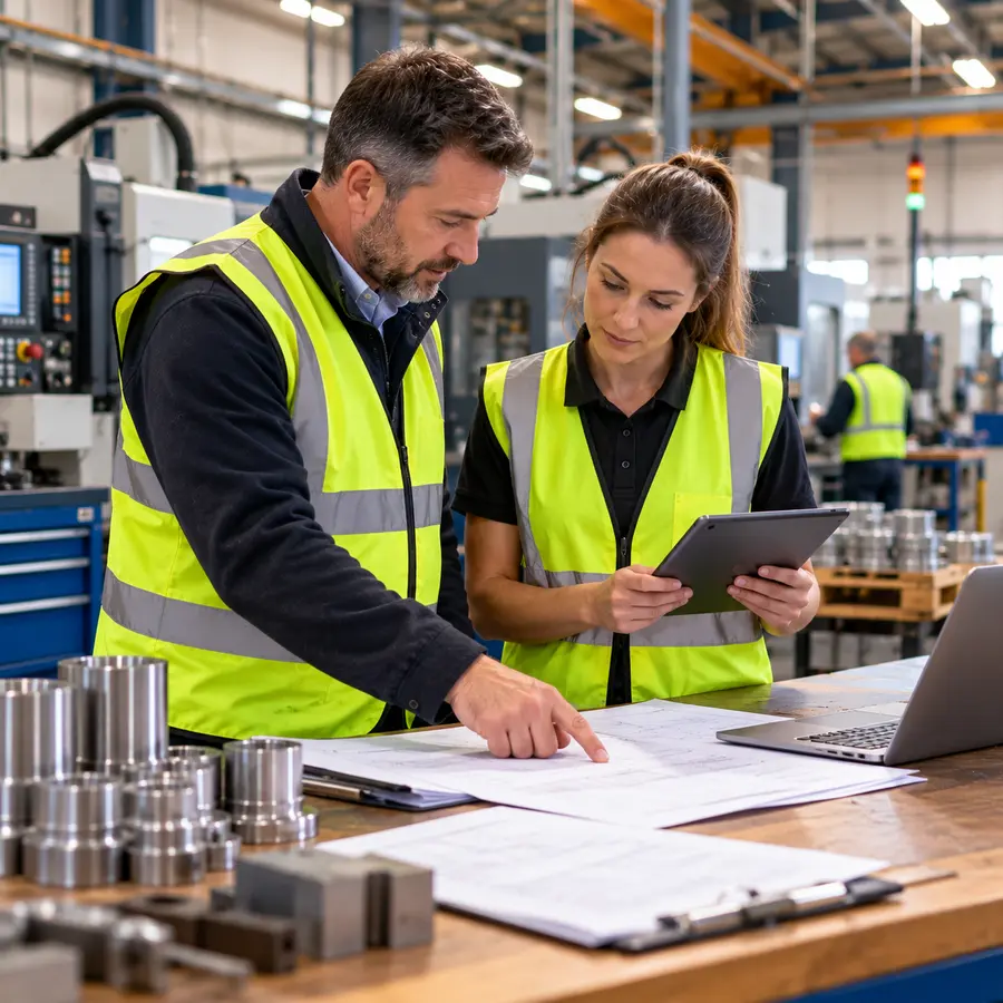 Manufacturing professionals reviewing plans and operational risks on site