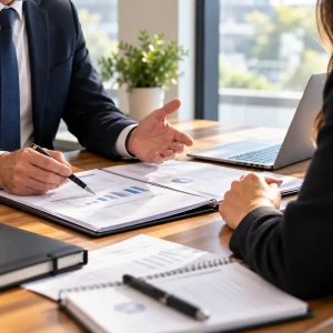 Business professionals reviewing professional indemnity insurance documents